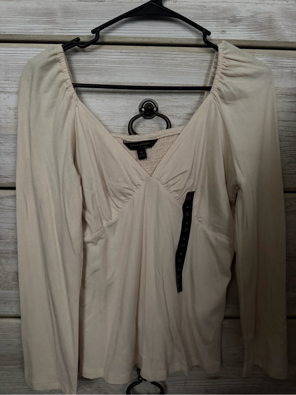 Banana Republic Cream Long-Sleeve V-Neck Gathered Shoulder Dress